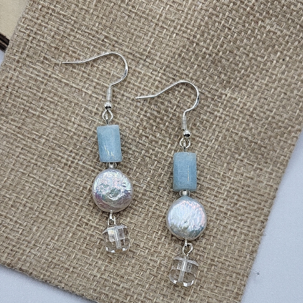 Handcrafted Pearl and Aquamarine Dangle Earrings